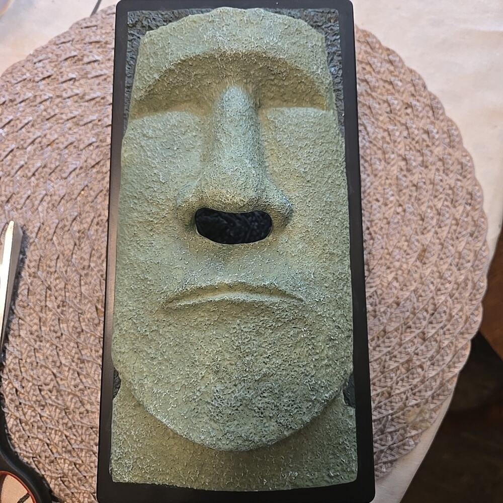Vintage Tissue Holder Box Cover, Tiki Head Face, Easter Island, Black Lava,